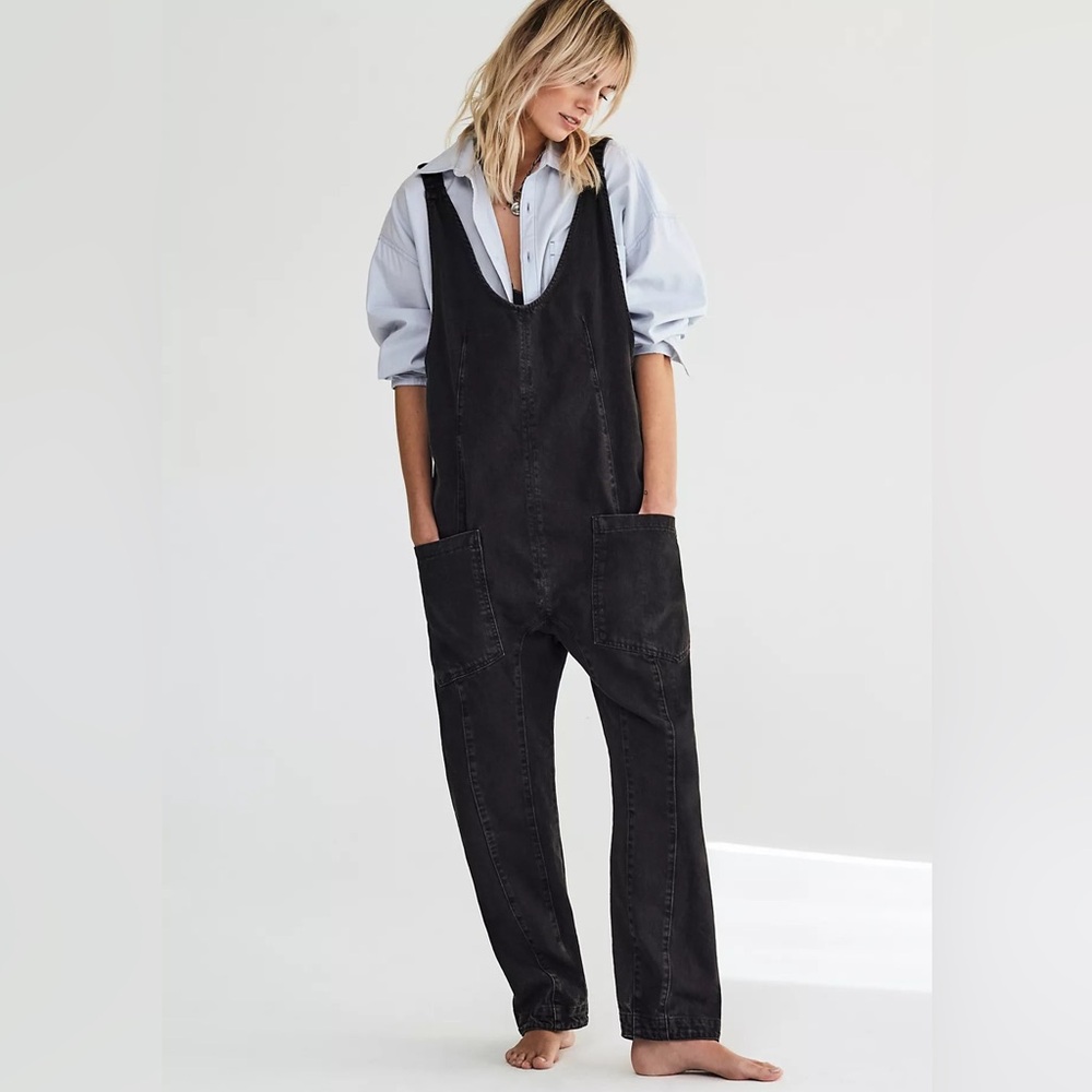 We The Free Slouchy Pull-On Denim Overalls – Washed Black – Size M